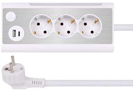 JIMEIDA grenuttag vit 3-vägs grenuttag med USB A och typ C med LED-nattlampa (med touch-brytare) multifunktionell frontplatta grenuttag i rostfritt stål