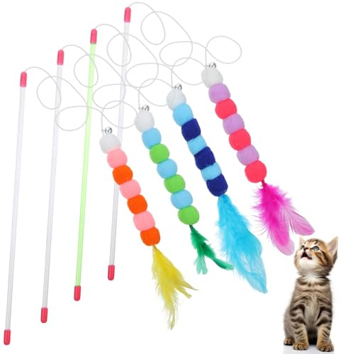 oruola 4pcs Cat Wand Toys for Indoor Cats, Cat Teaser Wand with Bells & Plush Balls, Interactive Cats Stick Toy Attachments