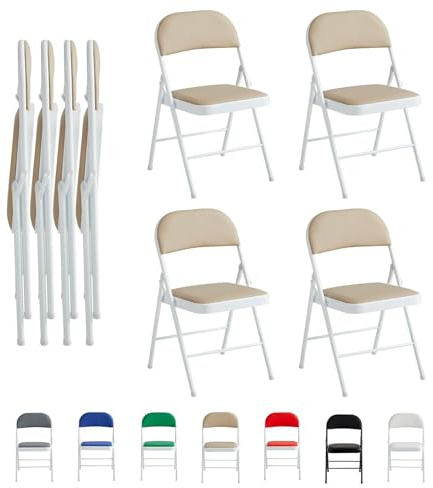 mcc direct Set of 4 Folding Chairs, Faux Leather Foldable Chairs with Metal Frame and Padded Seat, Easy to Fold and Store for Home, Office, Dining and Reception (Creamy)
