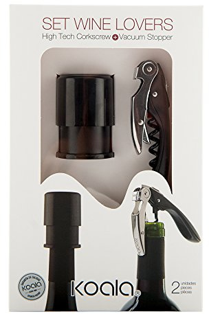 Koala Spain Set Amantes del Vino Negro (2 Piezas), 1 Tapón de Vacío para Vino, 1 Sacacorchos de Dos Tiempos