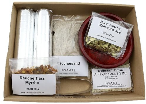 Räucherset „Gold - Weihrauch - Myrrhe“ 9-TLG. – 20 g Oman-Hojari, Myrrhe & Byzantinischer Weihrauch – Im Geschenkkarton mit Klarsichtdeckel