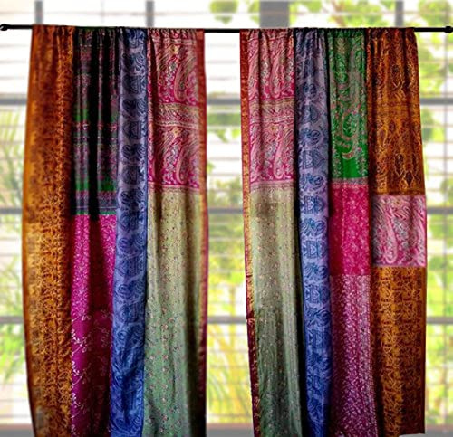 RAJBHOOMI HANDICRAFTS 1 par indisk vintage sidenblandning sari flerfärgade handgjorda lapptäcke gardiner heminredning gardin/paneler