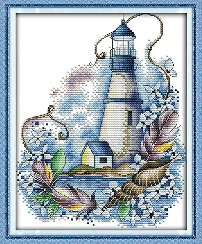 YEESAM ART Kreuzstich Set Vorgedruckt, Blau Leuchtturm Baum Blatt 11CT 28×37cm DIY Kreuzstich Stickpackungen Vorgedruckt Sticken Set für Erwachsene Anfänger Über 14 Jahre