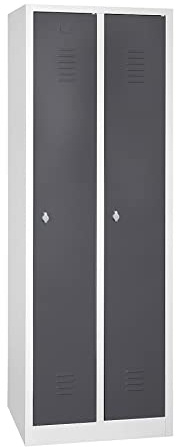 Schrank & Stuhl Spind – Metallspind mit 2 Abteilen, Schließfachschrank mit Hutboden, 30 cm Abteilbreite, Lieferung komplett montiert (Grau/Anthrazit, mit Drehriegelverschlüssen)