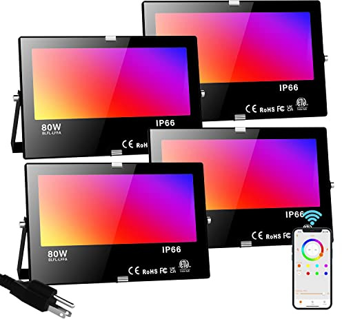 LED Flood Light Outdoor 800W Equivalent Bluetooth Smart Color Change Landscape Lighting DIY-Scene+RGB Colors+Warm White 2700K - APP & Group Control & Timing,IP66 Waterproof US 3-Plug Up Light 4Pack