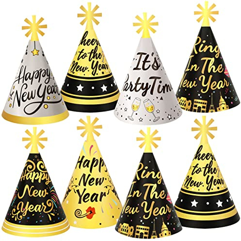 DPKOW 12pcs Nochevieja Sombreros Accesorios, Feliz Año Nuevo Fiesta Gorros para 2026 Nochevieja Foto Prop Accesorios Año Nuevo 2026, Plata Oro Negro Sombreros de Cono para Año Nuevo 2026 Adornos