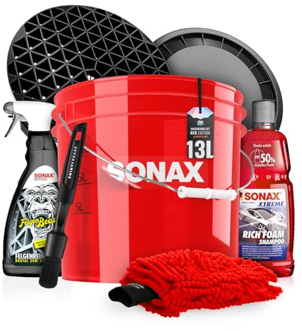Auto Wascheimer Set 3,5GAL: Schmutzsieb & Deckel für die Auto Handwäsche | Mit Sonax Rich Foam + Sonax FelgenBeast - schonende Reinigung & Pflege für Lack & Felgen - Auto waschen | 8-teilig