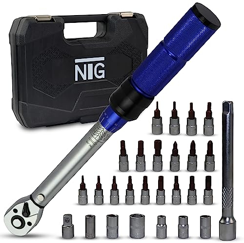 NTG Drehmomentschlüssel 1/4 Zoll 5-25 Nm | perfekt für Fahrrad & Motorrad | sortieres Set mit Verlängerungsstange, 23 Bits, 6 Nüsse und Koffer | Mit Kalibrierzertifikat mit individueller Seriennummer