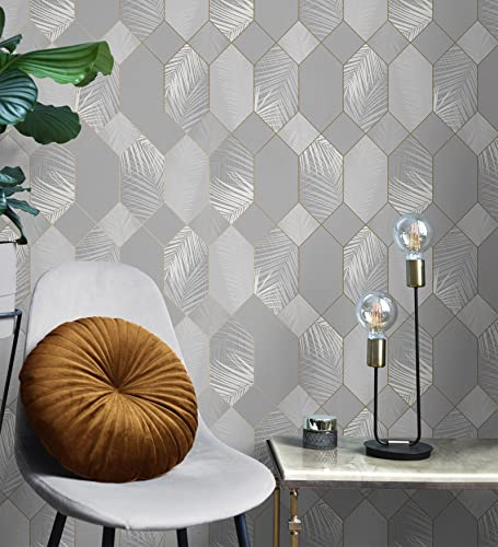 GAULAN 681284 Papier peint lessivable géométrique hexagones avec des feuilles tropicales pour mur salon chambre couloir salle à mange tête de lit - Rouleaux de 10 m x 0,53 m
