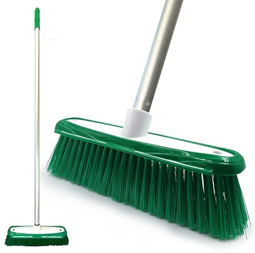 Colour-Coded Soft Broom Indoor Sweeping Brush with Stainless Steel Handle and Built-In Scraper, Long Handle for Domestic and Commercial Use (Green)