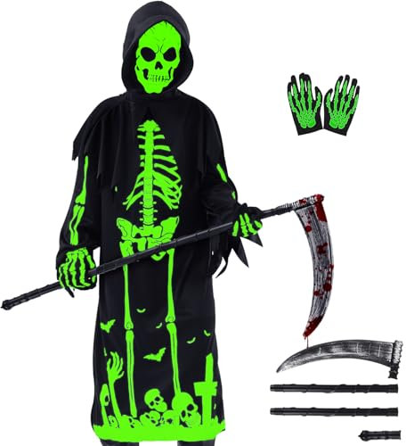 FORMIZON Costume da Mietitore di Halloween, Ragazzi Skull Reaper Costume, Morte Costume di Halloween con Maschera, Guanti, Vestito Scheletro Glow in The Dark per Bambini 5-12 Anni (L) (Scheletro, S)