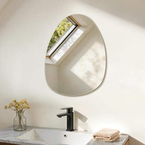 S'AFIELINA Asymmetrical Bathroom Mirror 45 × 60 × 1.0 cm (H × W × D), Decorative Irregular Round Wall Mirror for Home Decor, Entryway Washroom Bedroom Living Room Hallway