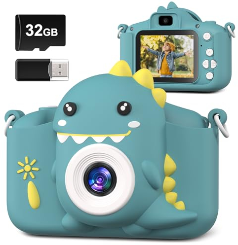 Hangrui Appareil Photo Enfant,2.0 Pouces Appareil Photo Numérique, 20MP/1080P Caméra avec Objectif Avant et Arrière,32G, Lecteur de Cartes, Cadeaux pour Enfants de 3 à 12 Ans-Vert Foncé