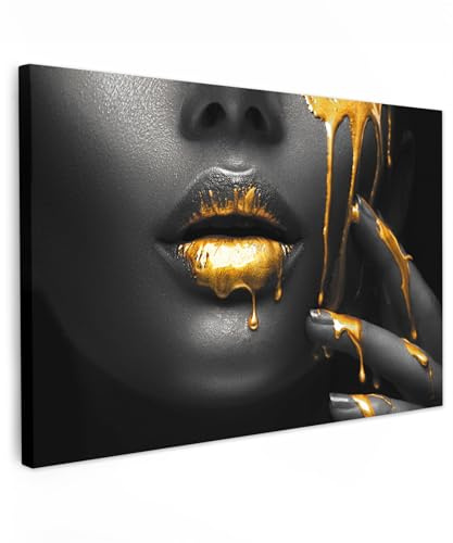 MuchoWow© Bilder Wohnzimmer Deko Modern Wandbild Foto auf Leinwand Bild | 90x60 cm - Schlafzimmer Room Decor Geschenke Frau - Schwarz - Gold - Gesicht - Lippen