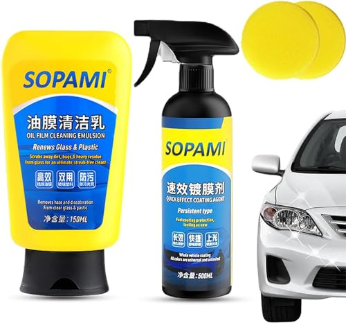 Detergente per vetri con emulsione di pellicola d'olio Sopami, spray per rivestimento per auto Sopami, spray per lucidatura a cera per auto con rivestimento rapido Sopami (Latte+Spray)