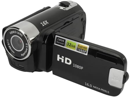 Fockety Videocámara con Cámara de Video con Zoom Digital D90 1080P 16X, Pantalla LCD de 2.4 Pulgadas Grabadora de Cámara Digital de 16MP Cámara Vlogging de 32GB con Luz de Relleno, (Black)