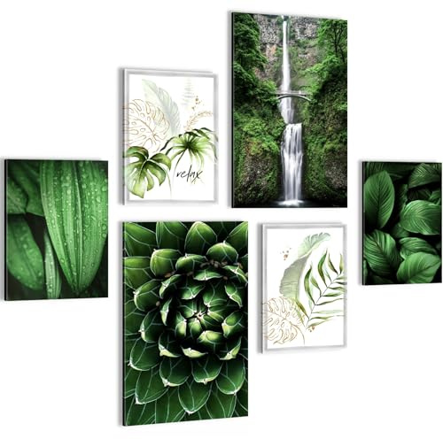 Novart Wandbilder Set Grüne Blätter Pflanze Natur - KEIN EXTRA RAHMEN BENÖTIGT - Modern Deko - Wohnzimmer Schlafzimmer Flur N004067a