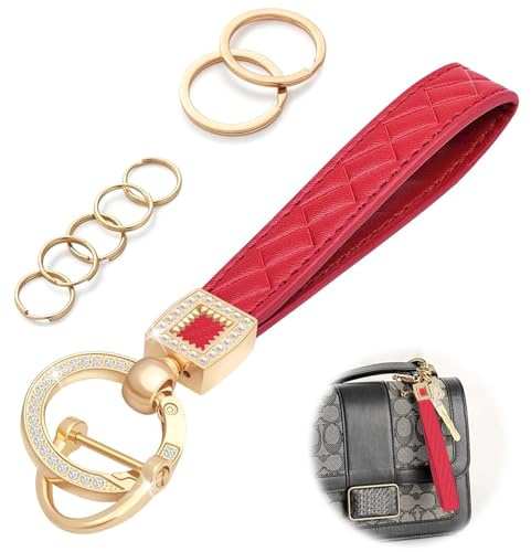 YANINEE Porte-clés de voiture en cuir à paillettes pour femme avec 7 anneaux porte-clés et anneau en D anti-perte, rouge, 1