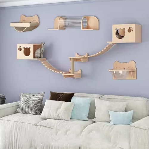 Gtzly Kletterwand Katzen, Katzen-Wandregal-Set, Schwebender Kletterwand-Spielkletterer Aus Holz, Wandmontierte KatzenmöBel for Katzen Bis Zu 15 Kg Als Geschenk (Color : Set 19)
