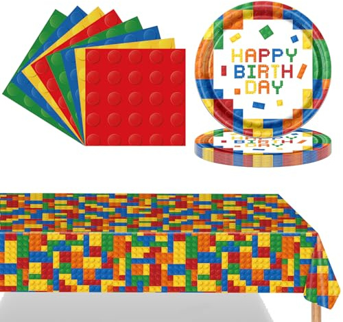 POPOYU 37 Stück Bausteine Partygeschirr Set,Bausteine Geburtstag Deko Mit Teller Servietten Tischdecken,Bausteine·Dekoration Geschirr Partyzubehör für Junge Mädchen Kindergeburtstag(16 Gäste)