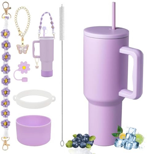 Sanilinwild 40 oz Tumbler with Handle and Straw & 6PCS Cup Accessories-BPA-Free Travel Mug Water Bottle-Easy to Carry-Travel Coffee Mug - Dishwasher Safe-Holiday Gifts for Women Men (Lavender)