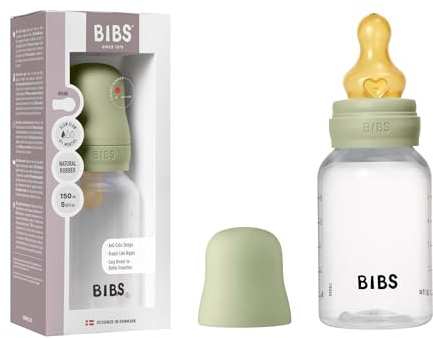BIBS Nappflaska 150 ml Naturgummilatexsugdel - Kolikmotverkande, BPA-fri, rund sugdel, långsamt flöde, lätt och enkel att rengöra, lämplig för nyfödda 0+ år - Sage