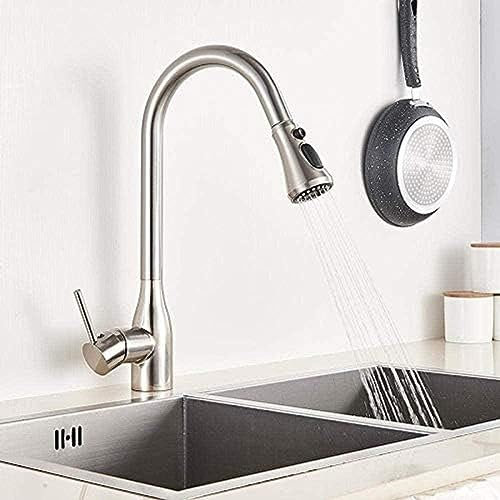 ROMOER Grifo Montado En Cubierta Grifo De Cocina Giratorio De 360 ​​​​° Extraíble Regadera Doble Grifo De Cocina Agua Fría Y Caliente Níquel Cepillado
