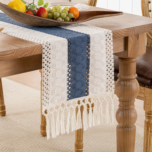 Tischläufer Blau Beige Boho Modern Baumwolle Leinen mit Quaste Rechteckige Häkelspitze Mesh Tischdecke Waschbar Tisch Dekoration 30x180cm für Küche Urlaub Geburtstag Tabletop Dekor