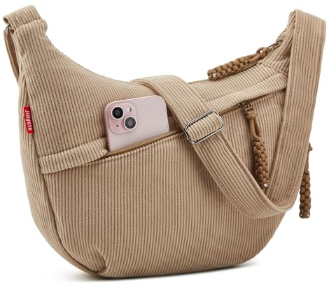 Jiliyote Crossbody Bag Damen Umhängetasche cord Tasche,Halbmond Tasche mit verstellbare Schultergurt und Reißverschluss für Reisen und Uni (Khaki)