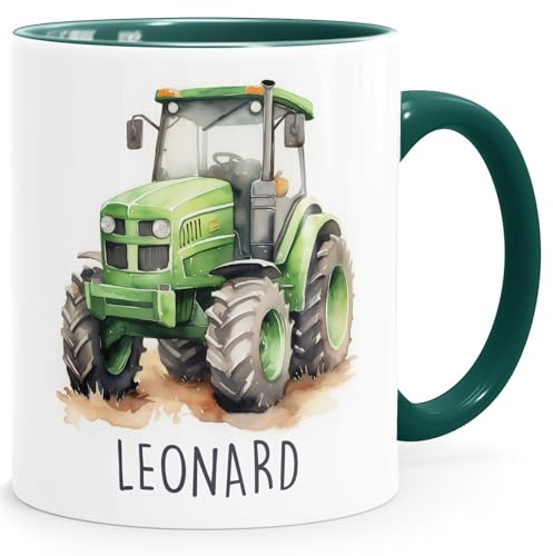 SpecialMe® Kindertasse Namenstasse Traktor Feuerwehrauto Rennwagen Auto Drache Keramikbecher Geschenk Kinder Jungen Weiss-innen-gruen standard