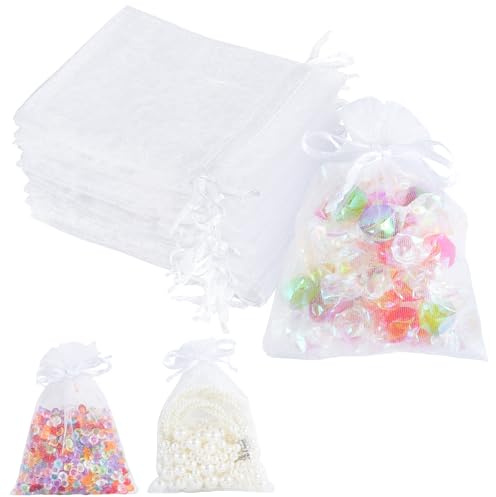 YONGQING 100 Stück Weiß Organzasäckchen, 9 x 12cm Geschenksäckchen, Schmucksäckchen mit Kordelzug, Kleine Säckchen zum Befüllen für Festival, Party und Hochzeit