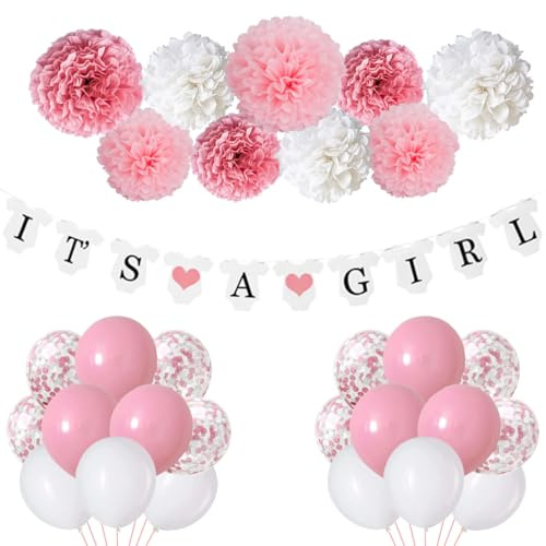 JCitimix Its A Girl Baby Shower Decorations, Christening Balloon with Its A Girl Banner Paper Pompoms for Baby Shower Decorations
