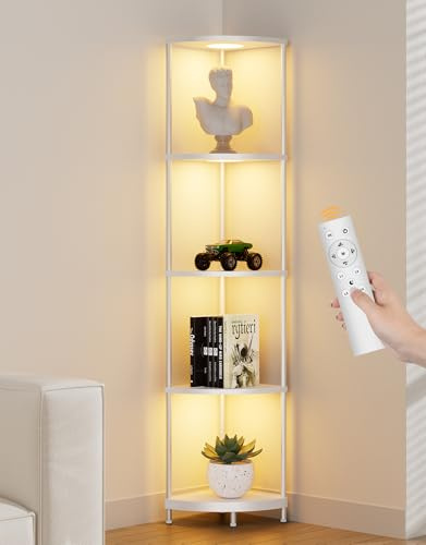 Corner Shelf with LED Light, 5 Tier Smart Color Changing Floor Lamp with Remote, 62 Display Shelf Bookshelf Narrow Storage Rack Standing Lamp for Living Room Bedroom Home Office Decor, White