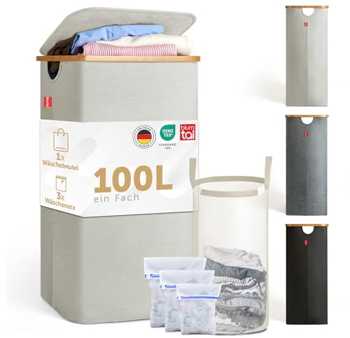 Blumtal Wäschekorb 100L - Wäschesammler mit herausnehmbarem Wäschesack - Wäschekorb schmal - laundry baskets - Pfandflaschensammelbehälter mit Deckel - Beige