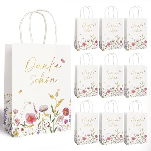 BETESSIN Gastgeschenke Hochzeit - 10 Stück Dankeschön Geschenktüten mit Blumenmotiv - 15x8x21cm Papiertüten mit Henkel - Geschenkverpackung zum Geburtstag, Hochzeit uvm.