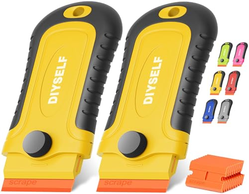 DIYSELF 2 Pack Plastic Scraper Tool Non Scratch with 10 Blades, Yellow | Glass scraper and window scraper for hobs and cars; sticker remover tool with plastic razor blades for labels and residue