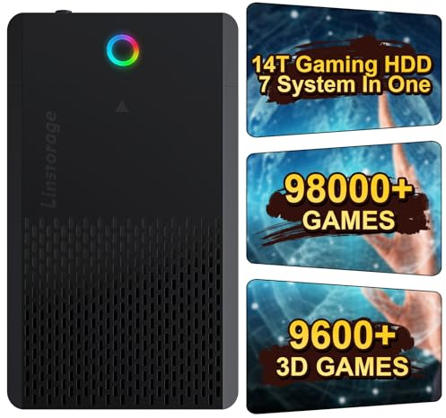 Disco duro retro para juegos de 14 TB precargado con más de 98000 juegos, Plug & Play para 7 sistemas de juegos, 9800+ 3D y más de 1000 juegos de PC de gama alta, disco duro externo portátil USB 3.1