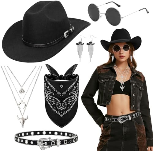 6 Pièces Set Costume de Cowboy Western pour Femme, Ensemble d'accessoires de Cowgirl avec Chapeau Ceinture à Paillettes Lunettes Collier Boucles d'Oreilles à Pompons Bandana pour Halloween Carnaval