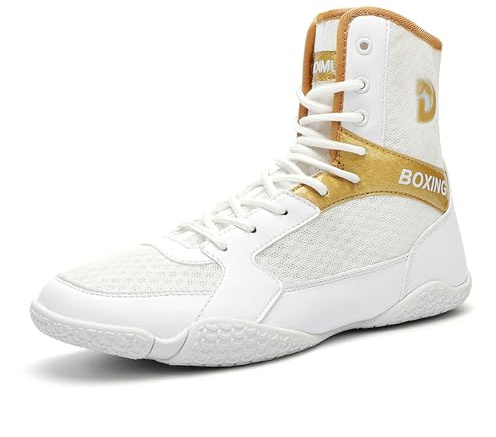 Boxningsskor herr brottning skor tonåring muay thailändsk kickboxing sparring boxers tränare kampsport skor ventilerad bodybuilding boxning stövlar 36–46, Vitt guld 012, 41 EU