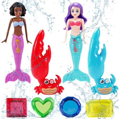 DOKRIN Tauchringe & Spielzeuge,Wasserspielzeug Kinder,Tauchspielzeug, Wasser Spielzeug für Swimmingpool, 8-teiliges Meerjungfrau-Krabbenscheren-Pool-Schatzsuchspielzeug