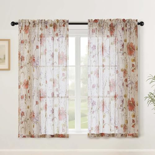 Simplebrand Blumenprint Gardinen mit Doppelperforationstechnik 2er Set Voile Vorhänge mit Bleistiftfalten 130Bx122H Leicht Luftig Sichtschutz Deko Vorhänge für Wohnzimmer Schlafzimmer Modern Elegant