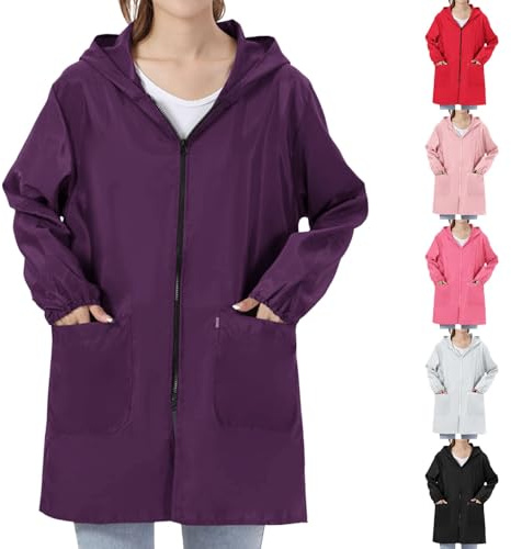 Raincoat Women - Womens Rain Jacket Lightweight, Loose Sunscreen Jackets Pure Color Hooded Coat With Pockets Casual Full-Zip Waterproof Jacket Windproof Outdoor Jackets For Going Out
