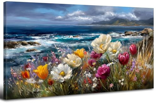 Große Küsten Landschaft Leinwand Wandkunst für Wohnzimmer 50x100cm Natur Blaues Meer und bunte Blume Bilder Drucke Moderne Aesthetic Room Decor Wanddekorationen für Büro Badezimmer Flur Esszimmer