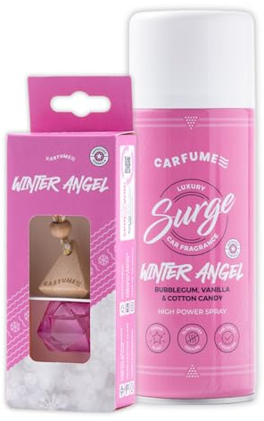Carfume Winter Angel Car Air Freshener Twin Pack | Limited Edition Scent | Bubblegum, Vanilla & Cotton Candy Fragrance - Diffuser & Surge Can Bundle - Luxury Pink Car Accessory Gift For Women