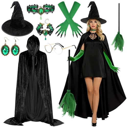 TOYTOPIE Witch Costume Set for Women, Carnival Cosplay Outfit with 150cm Hooded Cloak, Witch Hat, Broom, Glasses, Jewellery, Nail Gloves Accessories for Halloween Carnival Cosplay Fancy Dress Party
