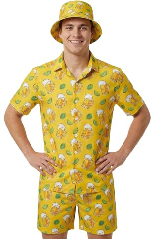 Joyesplay Hawaii Hemd Männer 3 Pcs Hawaii Outfit Herren mit Flamingo Hemd Shorts Fischerhut Hawaii Hemden für Sommer Beach Hemd Poolparty (Bier, L)