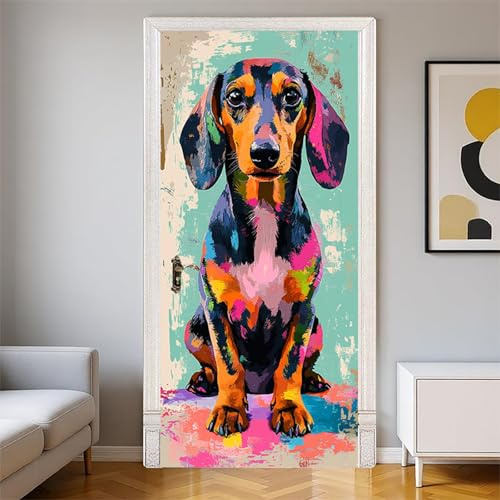 Türtapete selbstklebend 77 x 200 cm Aquarell-Dackel Türfolie Türposter 3D Effekt Türaufkleber Wandtapete Grün für Wohnzimmer Schlafzimmer Küche