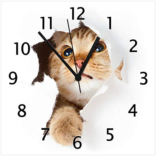 Wallario Design-Wanduhr Katze mit Blick nach Oben aus Glas, Motiv-Uhr Größe 30 x 30 cm, Schwarze Zeiger