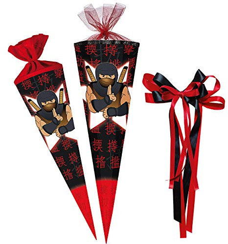 Schultüte - Ninja Kämpfer - Samurai - 85 cm - 6 eckig - incl. große Schleife - Tüllabschluß - Zuckertüte - mit/ohne Kunststoff Spitze - Nestler - Schultüten..