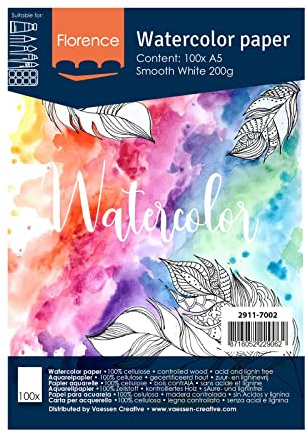 Vaessen Creative Florence Carta per Acquerello Pressata a Caldo A5, Bianco, 200 g/mq, Qualità Belle Arti, Grana Satinata, 100 Fogli per Pittura, Handlettering, Progetti Artistici e Altro Ancora